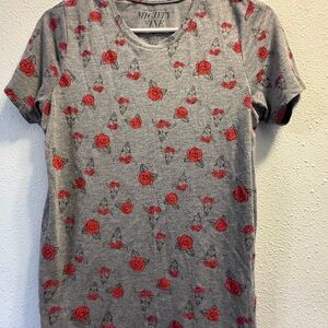 Mighty Fine Gray Tee with Red Rose Print